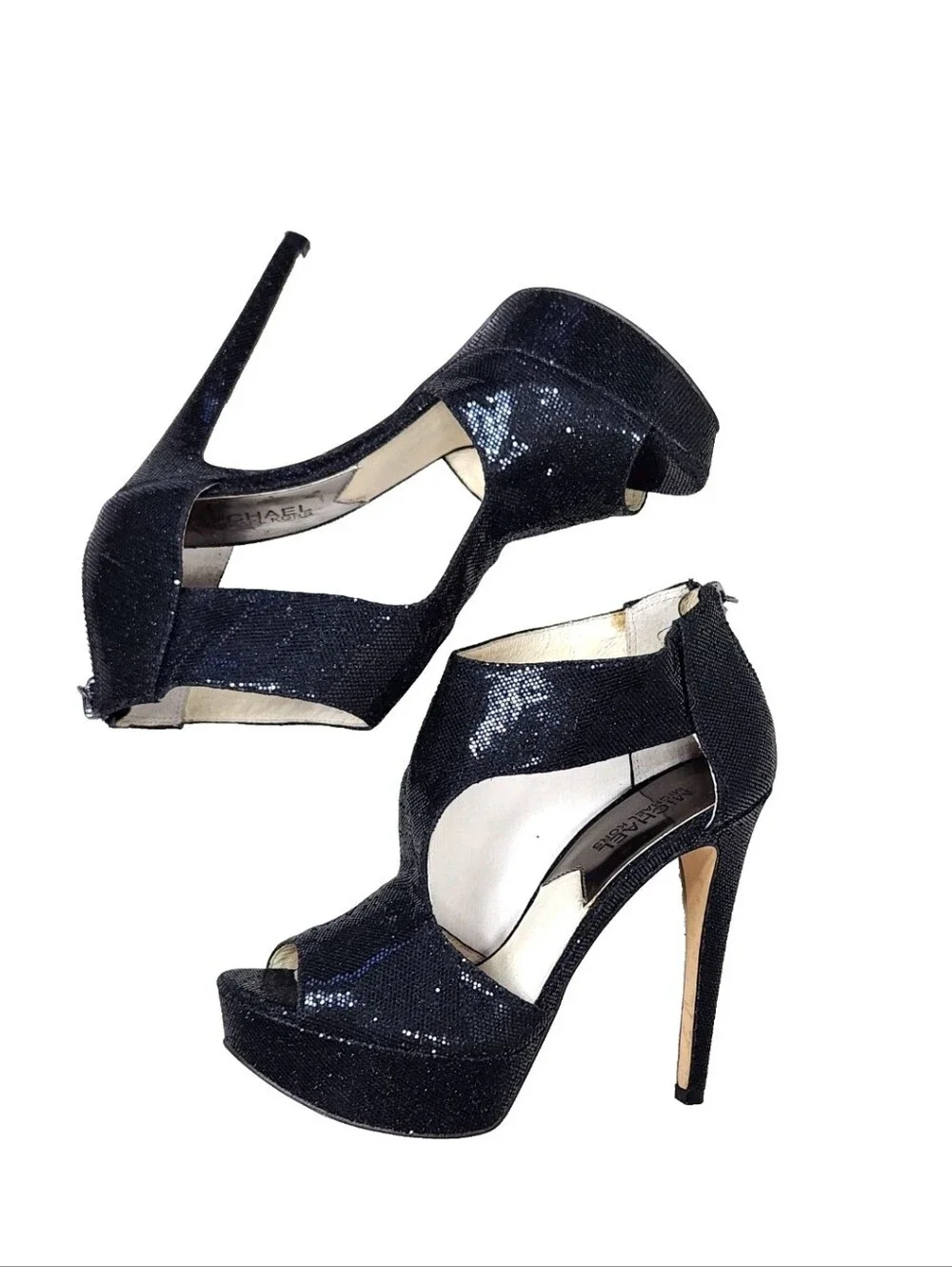 MICHAEL KORS Sparkle Platform Heels Sz 7 Black Ankle T-Strap Cut-Out Back Zip